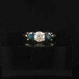 14k Yellow and White Gold 1.85cttw Three White and Blue Diamond Ring Size 6