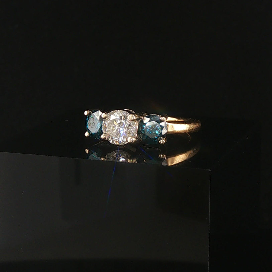 14k Yellow and White Gold 1.85cttw Three White and Blue Diamond Ring Size 6