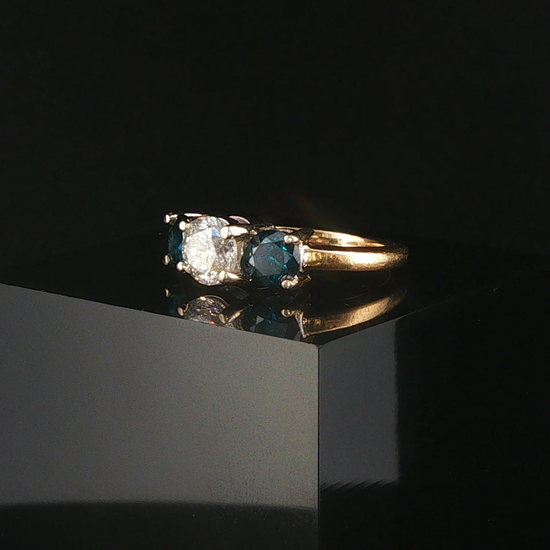 14k Yellow and White Gold 1.85cttw Three White and Blue Diamond Ring Size 6