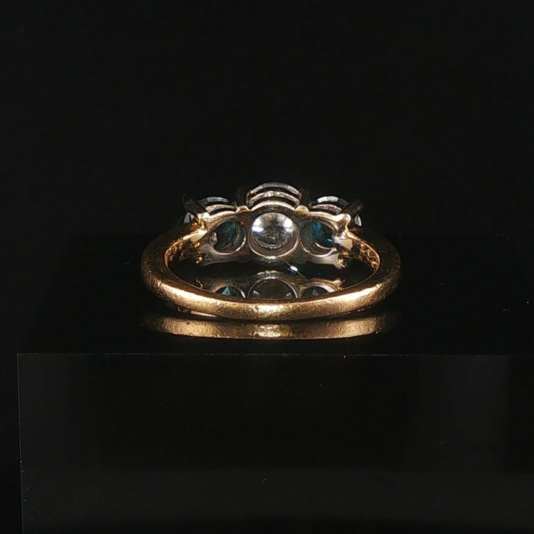 14k Yellow and White Gold 1.85cttw Three White and Blue Diamond Ring Size 6