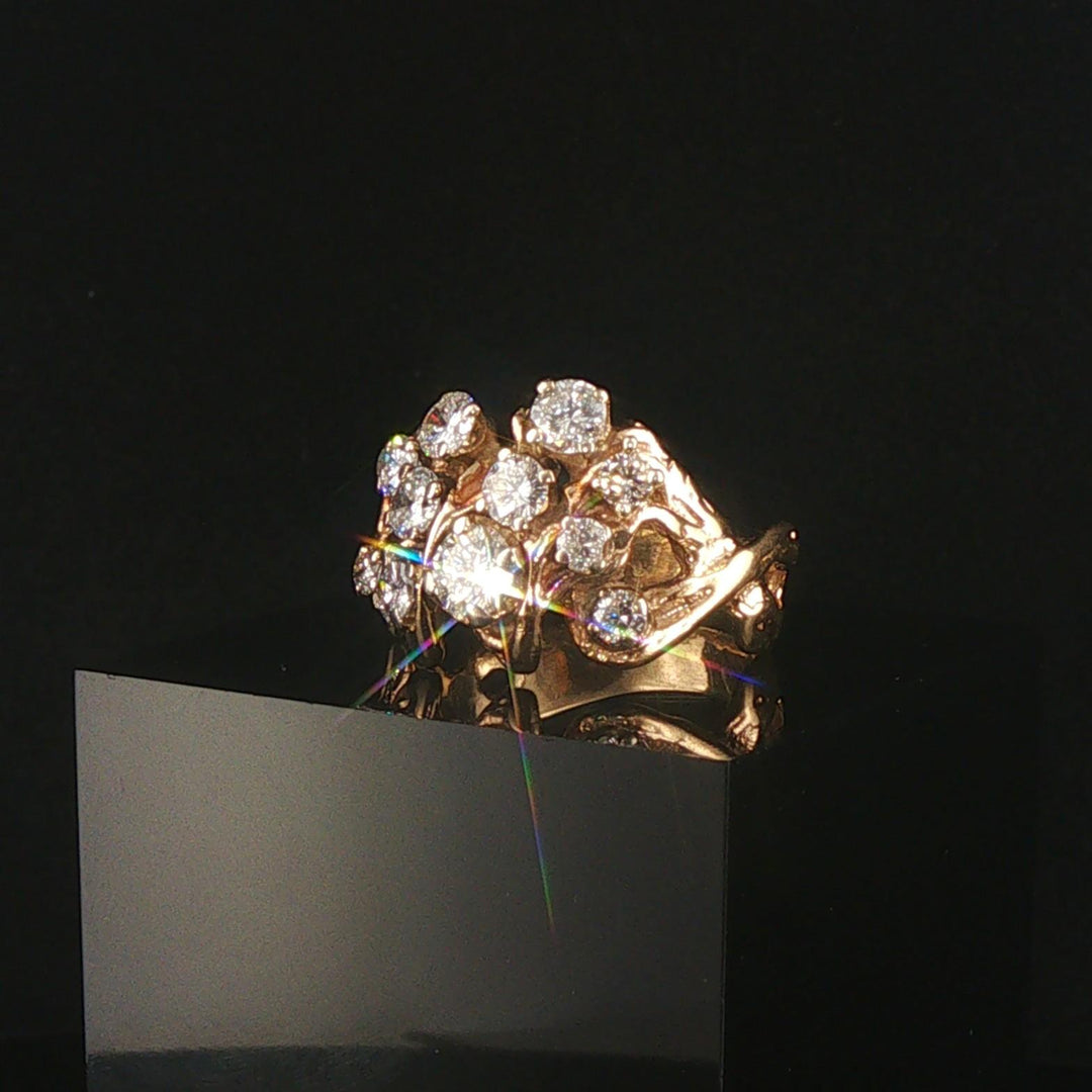14k Yellow Gold and 1.75cttw Diamond Solid Vintage Cluster Ring Size 9