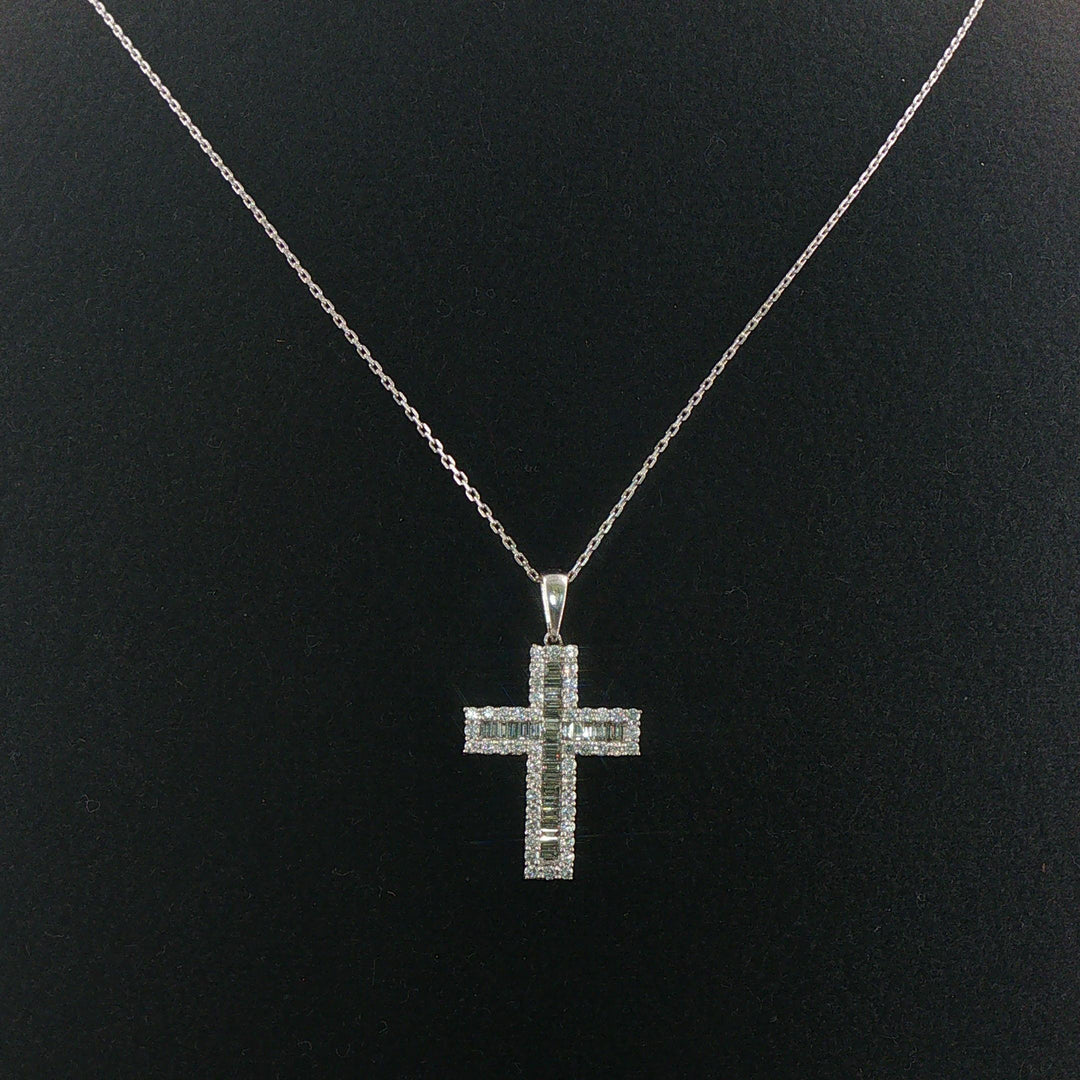 14k White Gold 0.75cttw Round and Baguette Diamond Cross Pendant Necklace 20"