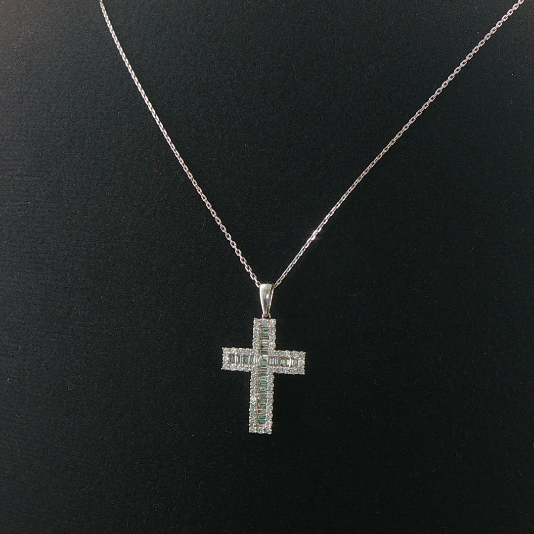 14k White Gold 0.75cttw Round and Baguette Diamond Cross Pendant Necklace 20"