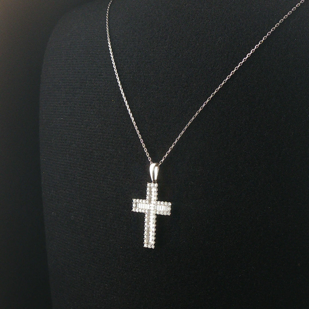 14k White Gold 0.75cttw Round and Baguette Diamond Cross Pendant Necklace 20"