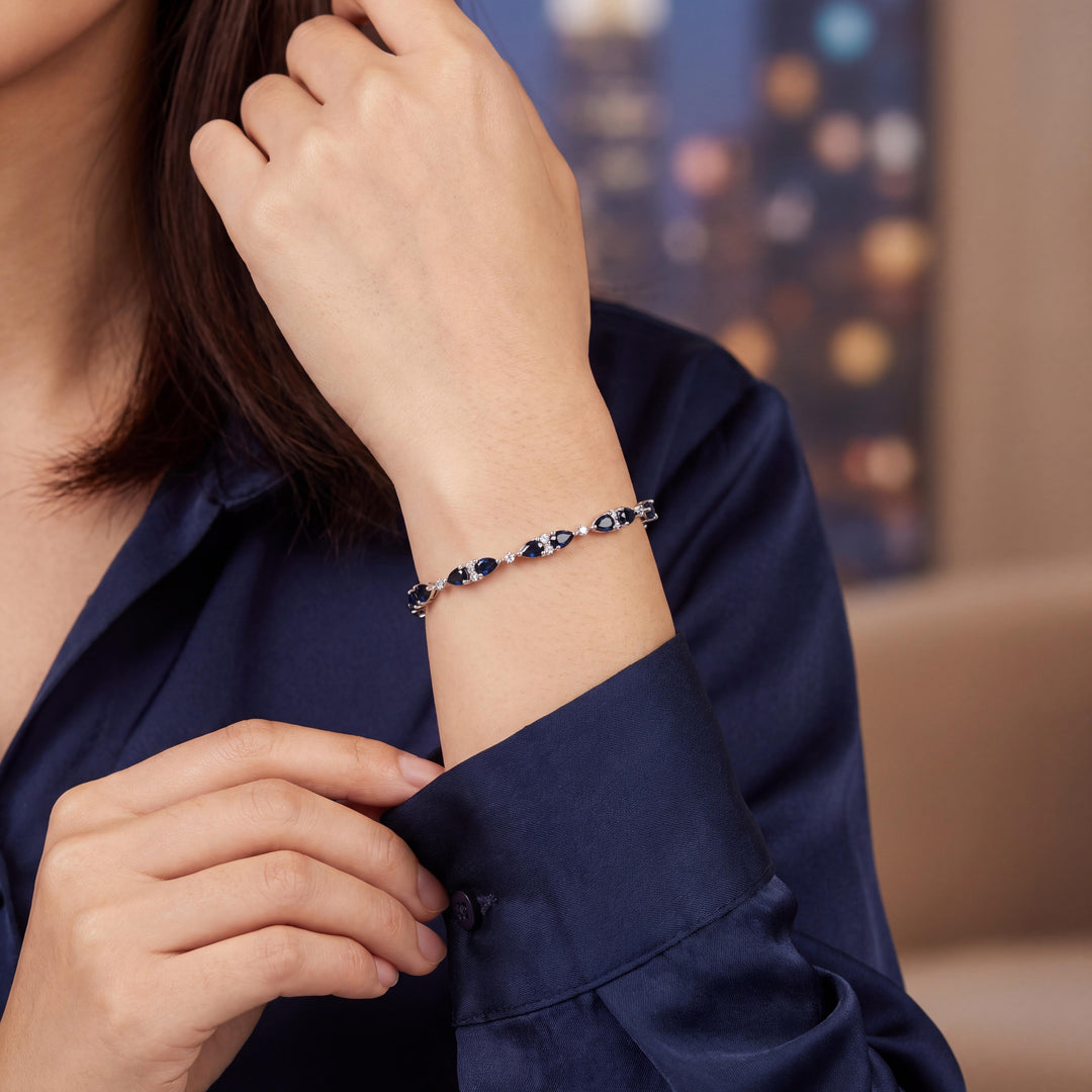 14k White Gold Sapphire and Diamond Ladies Fancy Link Bracelet 7.25"