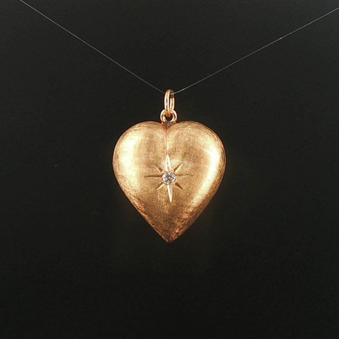 14k Yellow Gold and 0.07ct Diamond Satin Finish Starburst Puffy Heart Pendant