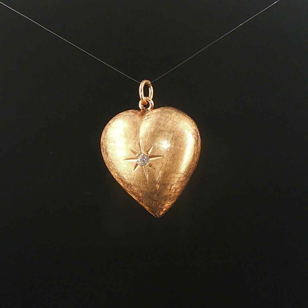 14k Yellow Gold and 0.07ct Diamond Satin Finish Starburst Puffy Heart Pendant