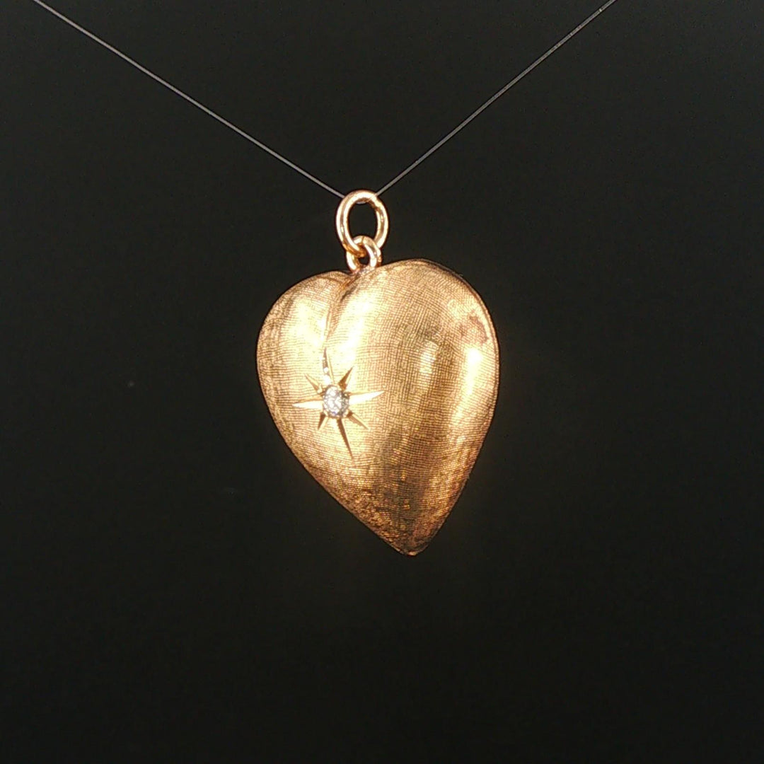 14k Yellow Gold and 0.07ct Diamond Satin Finish Starburst Puffy Heart Pendant