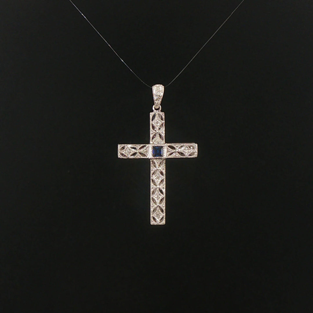 14k White Gold Sapphire and Diamond Vintage Filigree Cross Pendant 1.5"