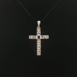 14k White Gold Sapphire and Diamond Vintage Filigree Cross Pendant 1.5"