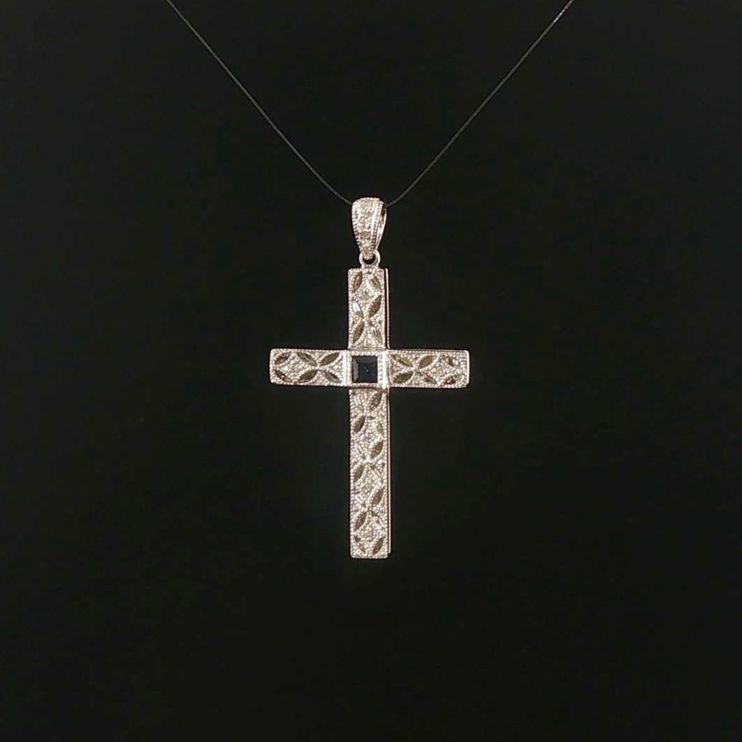 14k White Gold Sapphire and Diamond Vintage Filigree Cross Pendant 1.5"