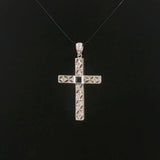 14k White Gold Sapphire and Diamond Vintage Filigree Cross Pendant 1.5"