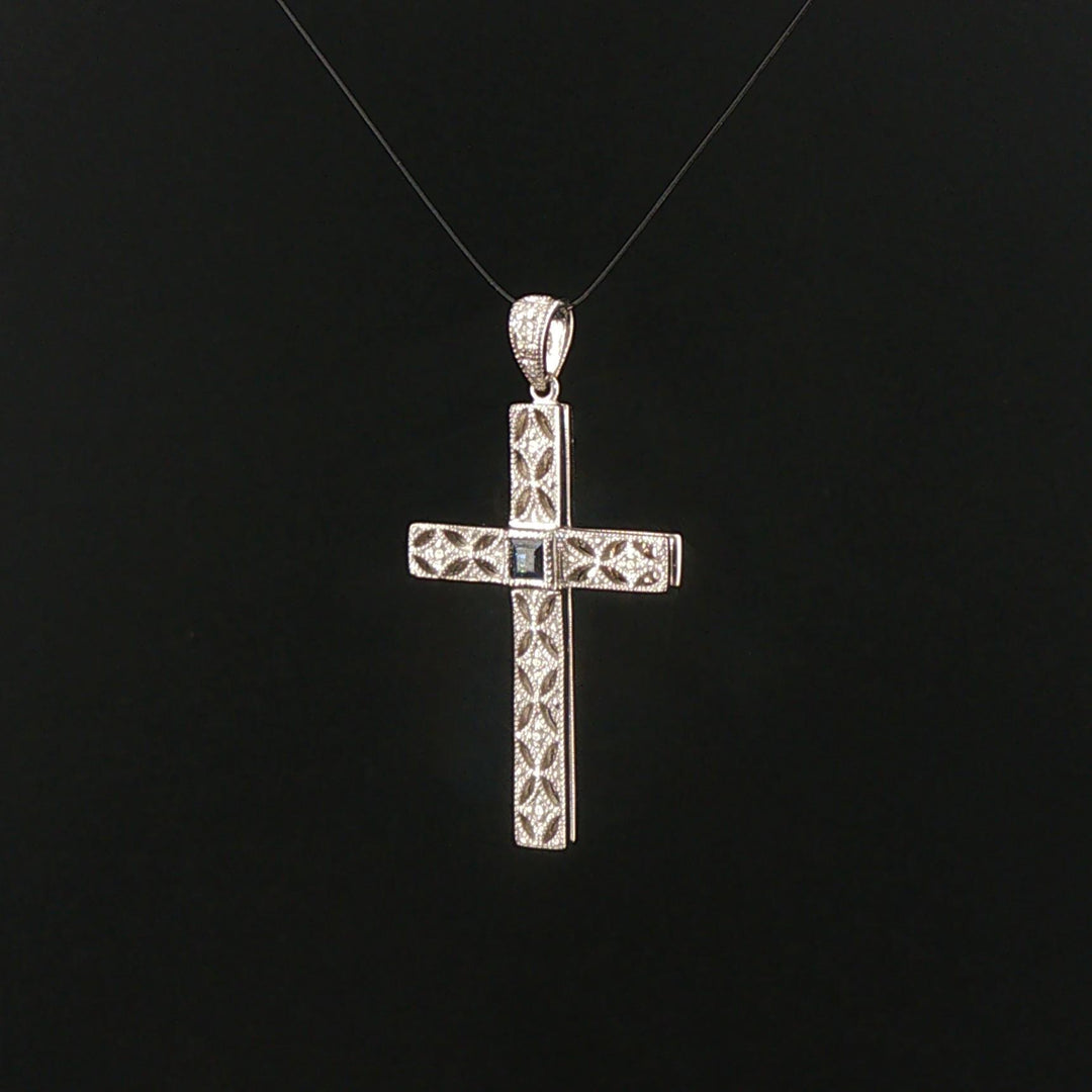 14k White Gold Sapphire and Diamond Vintage Filigree Cross Pendant 1.5"