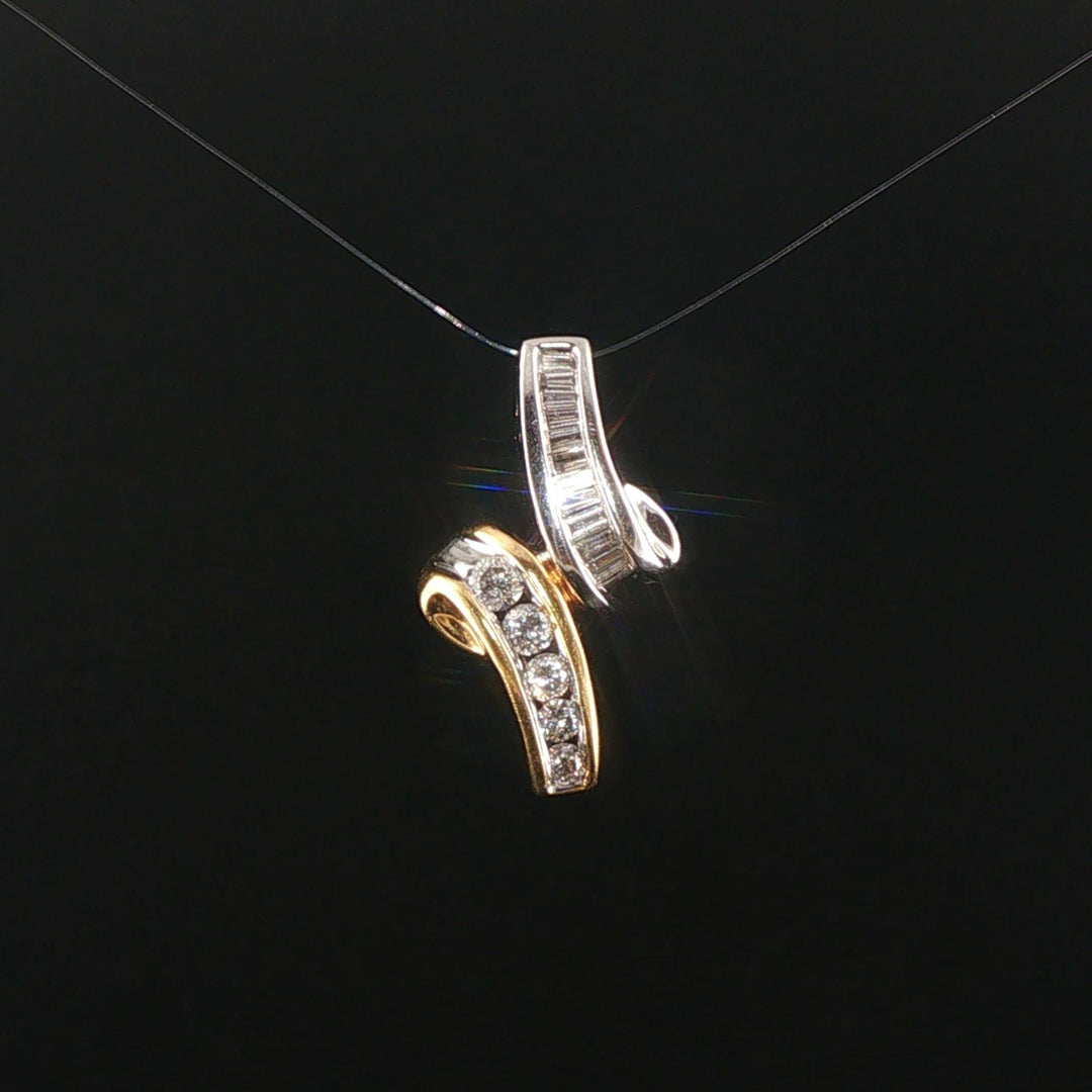 14k Yellow and White Gold 0.50cttw Round and Baguette Diamond Slide Pendant 1"