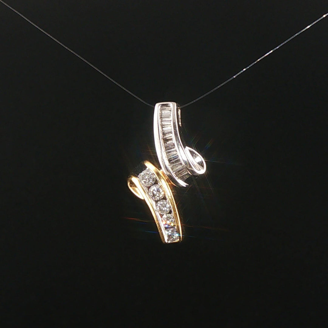 14k Yellow and White Gold 0.50cttw Round and Baguette Diamond Slide Pendant 1"