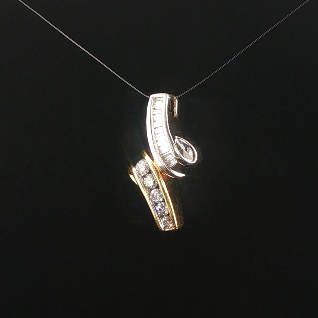 14k Yellow and White Gold 0.50cttw Round and Baguette Diamond Slide Pendant 1"