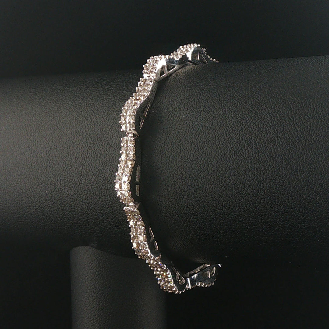 14k White Gold and 4cttw Pave Diamond Curved Bar Wave Link Bracelet 6.75"