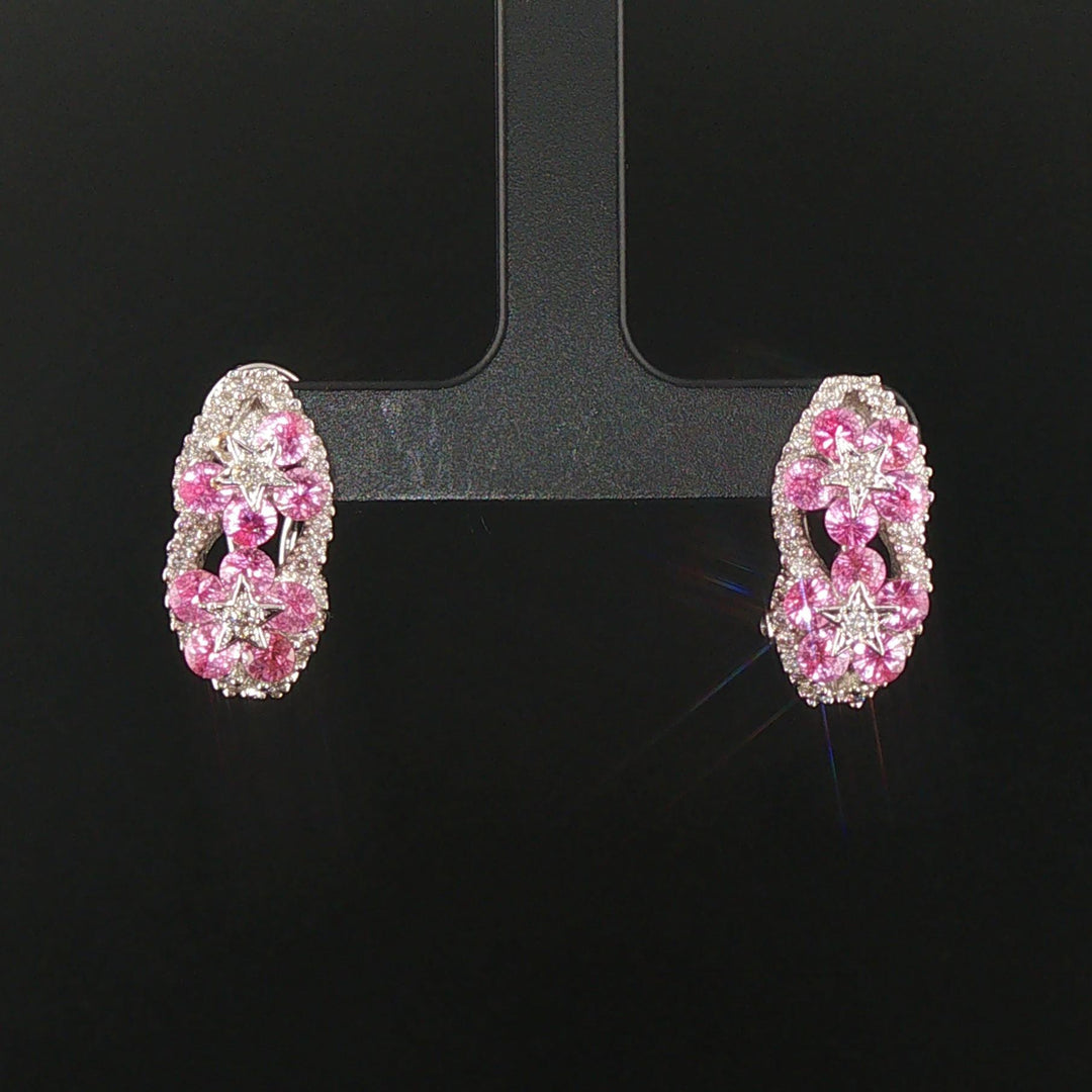 18k White Gold Pink Sapphire and 0.75cttw Hoop Huggie Earrings