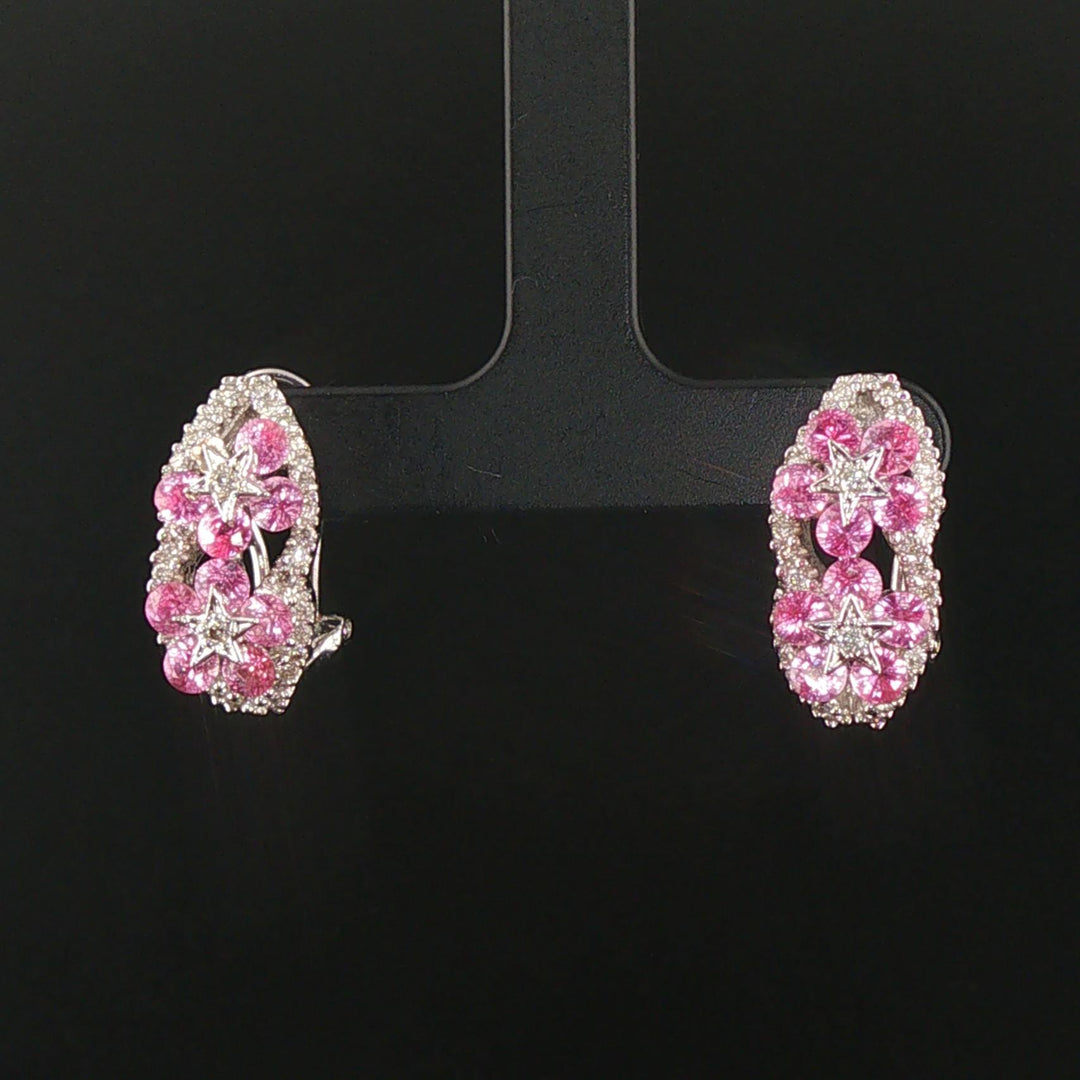 18k White Gold Pink Sapphire and 0.75cttw Hoop Huggie Earrings