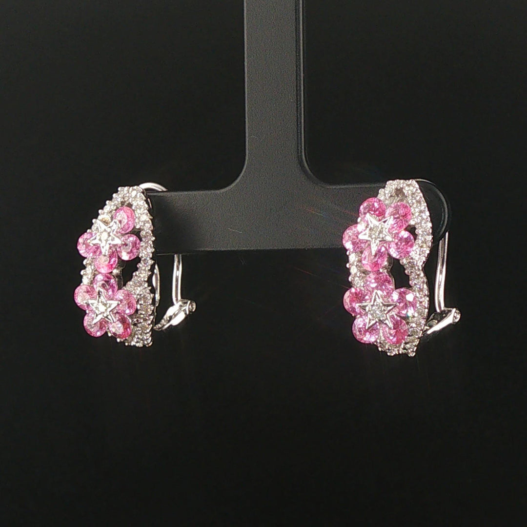 18k White Gold Pink Sapphire and 0.75cttw Hoop Huggie Earrings