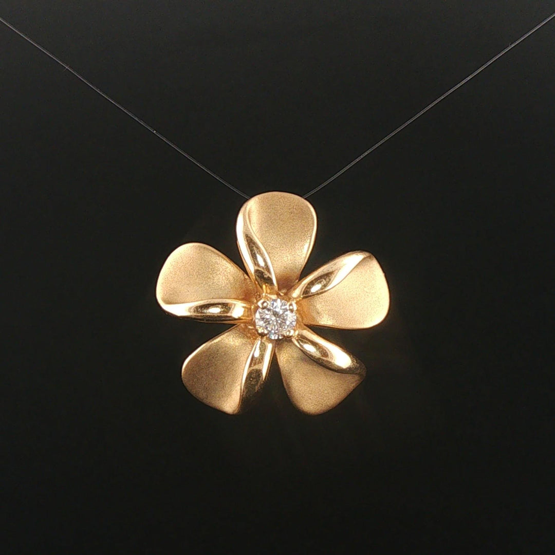 14k Yellow Gold and 0.25ct Diamond Plumeria Floral Pendant