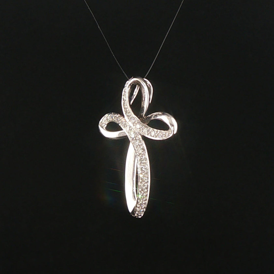 14k White Gold and 0.25cttw Diamond Fancy Cross Pendant 1"