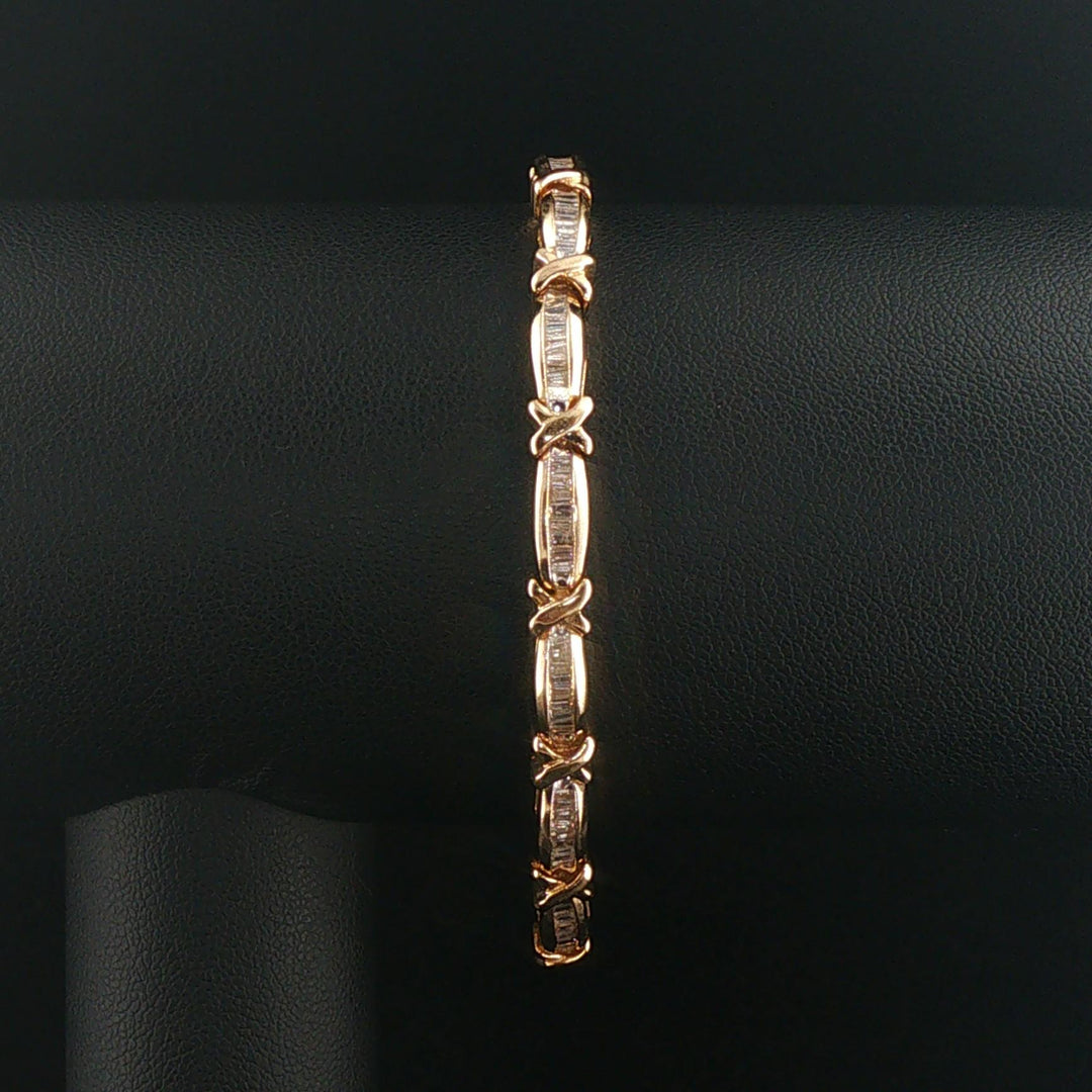 14k Yellow Gold and 1.50cttw Baguette Diamond Vintage X Link Bracelet 7"
