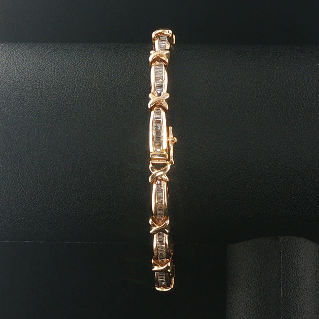 14k Yellow Gold and 1.50cttw Baguette Diamond Vintage X Link Bracelet 7"