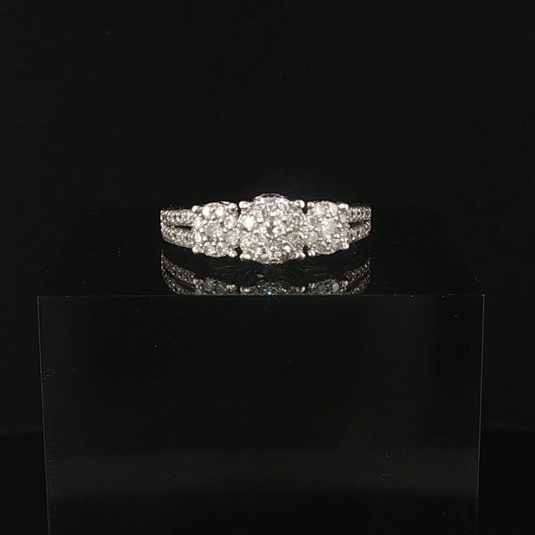 10k White Gold and 1cttw Diamond Three Diamond Halo Ring Size 7.75