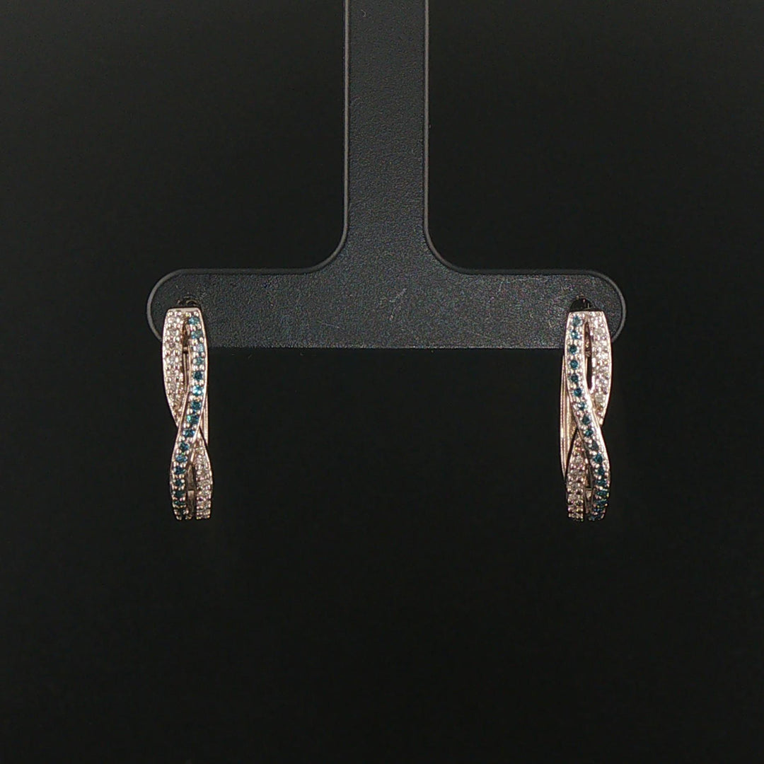 10k White Gold and 0.40cttw White and Blue Diamond Crossover Hoop Earrings