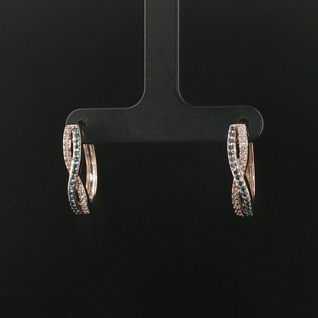 10k White Gold and 0.40cttw White and Blue Diamond Crossover Hoop Earrings