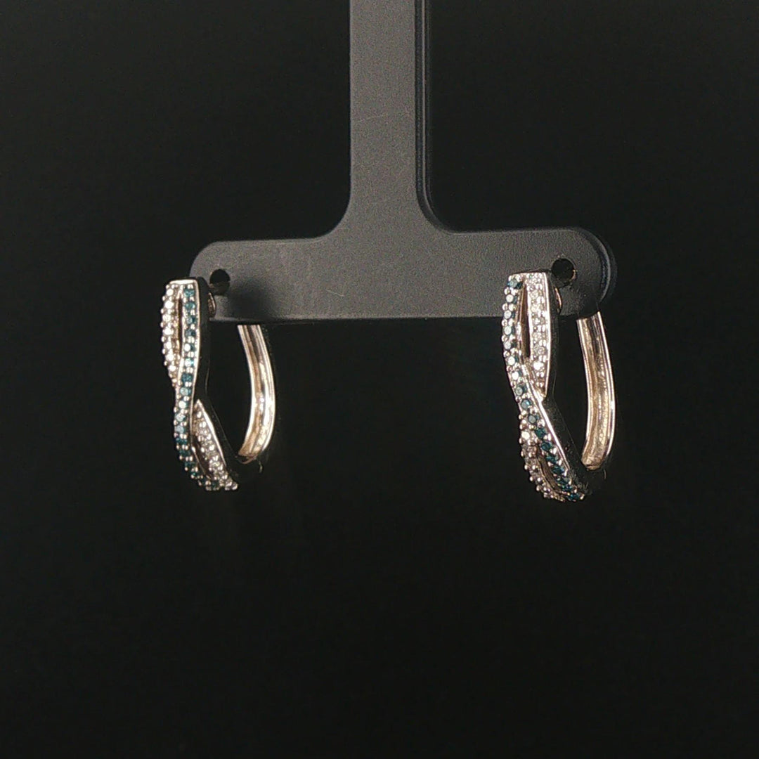 10k White Gold and 0.40cttw White and Blue Diamond Crossover Hoop Earrings