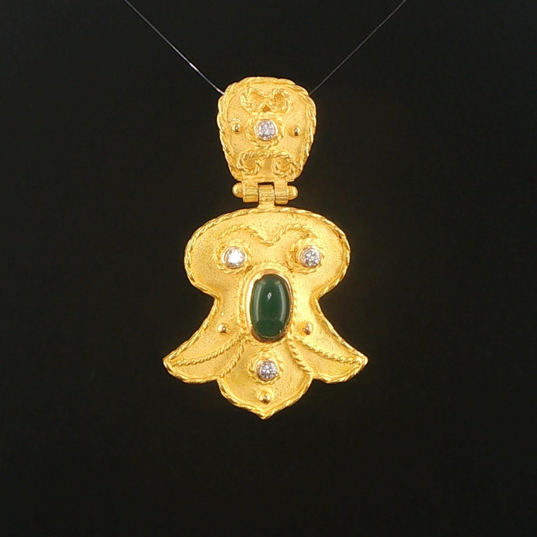 18k Yellow Gold 11g Cabochon Emerald and Diamond Heavy Vintage Pendant 1.5"