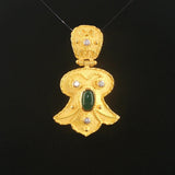 18k Yellow Gold 11g Cabochon Emerald and Diamond Heavy Vintage Pendant 1.5"
