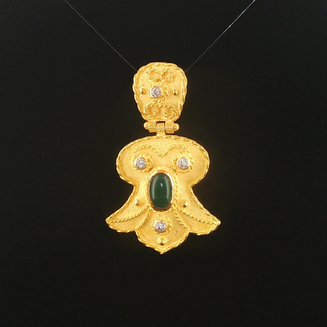 18k Yellow Gold 11g Cabochon Emerald and Diamond Heavy Vintage Pendant 1.5"