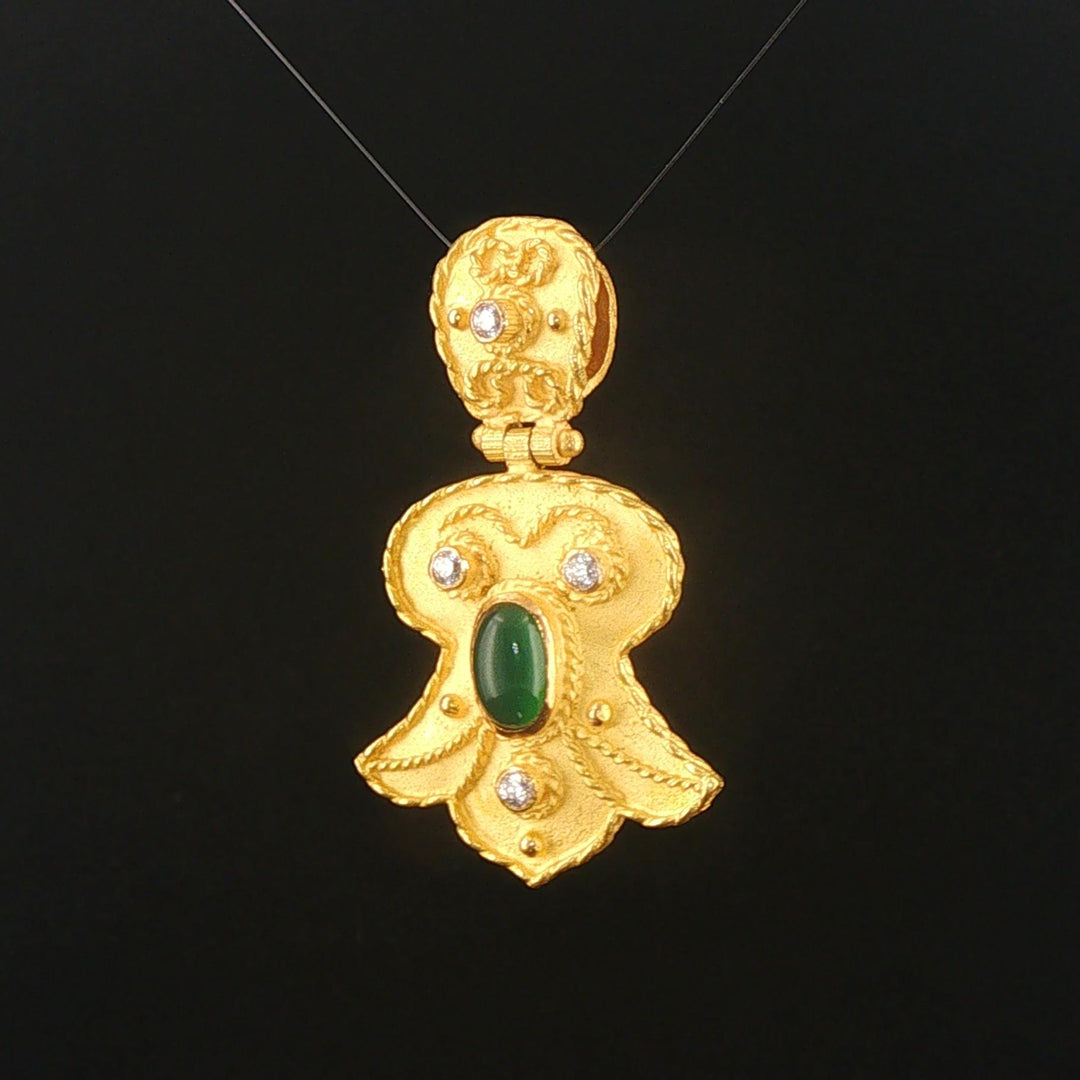 18k Yellow Gold 11g Cabochon Emerald and Diamond Heavy Vintage Pendant 1.5"
