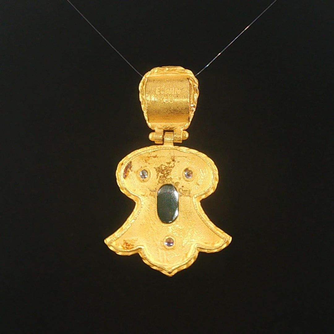 18k Yellow Gold 11g Cabochon Emerald and Diamond Heavy Vintage Pendant 1.5"