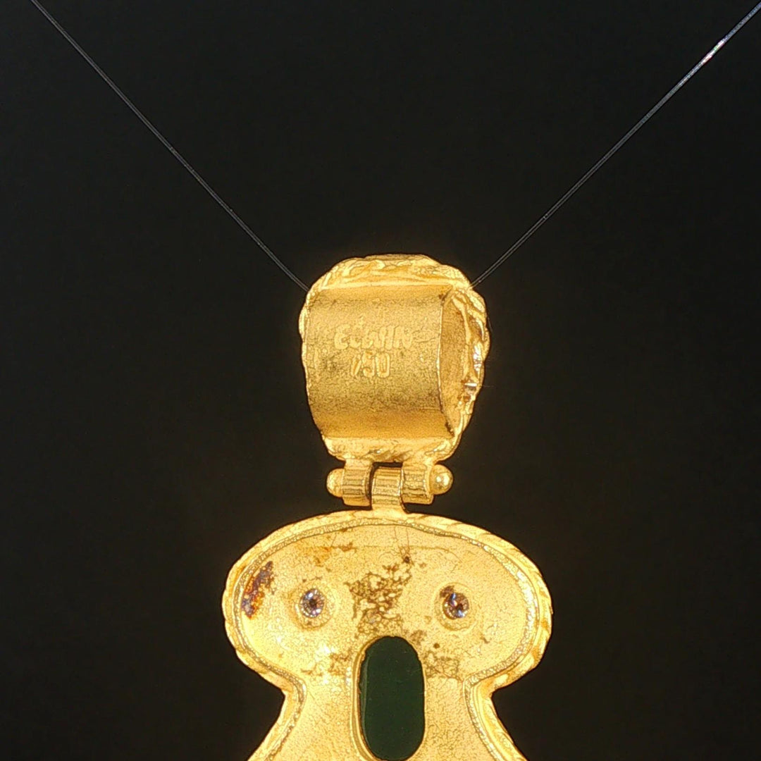 18k Yellow Gold 11g Cabochon Emerald and Diamond Heavy Vintage Pendant 1.5"