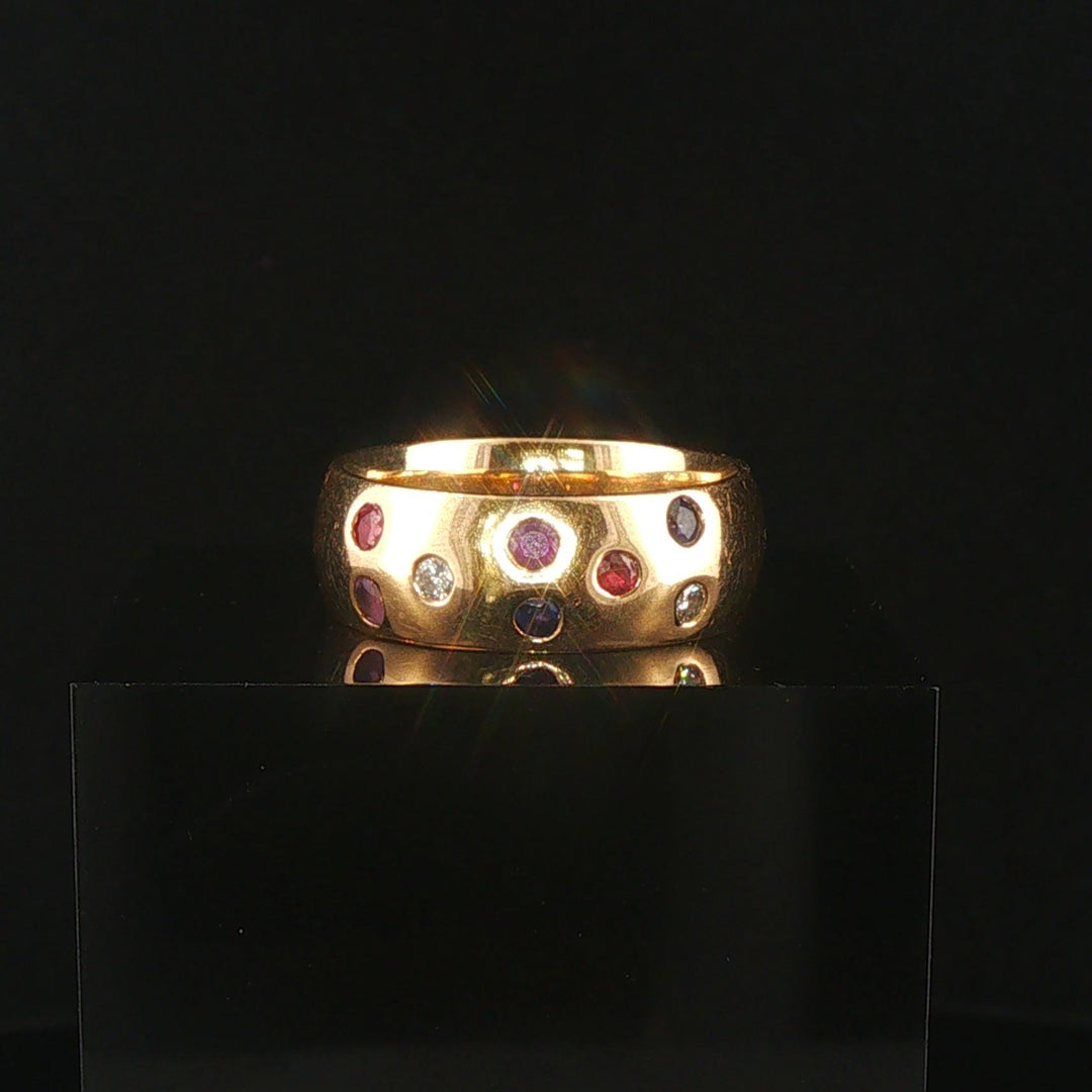14k Yellow Gold Multi Gemstone and Diamond Solid Band Ring Size 9.5