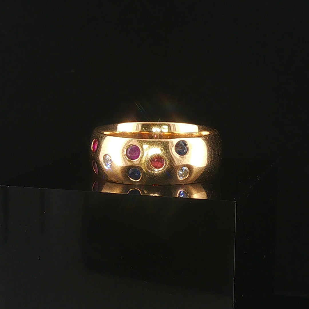 14k Yellow Gold Multi Gemstone and Diamond Solid Band Ring Size 9.5