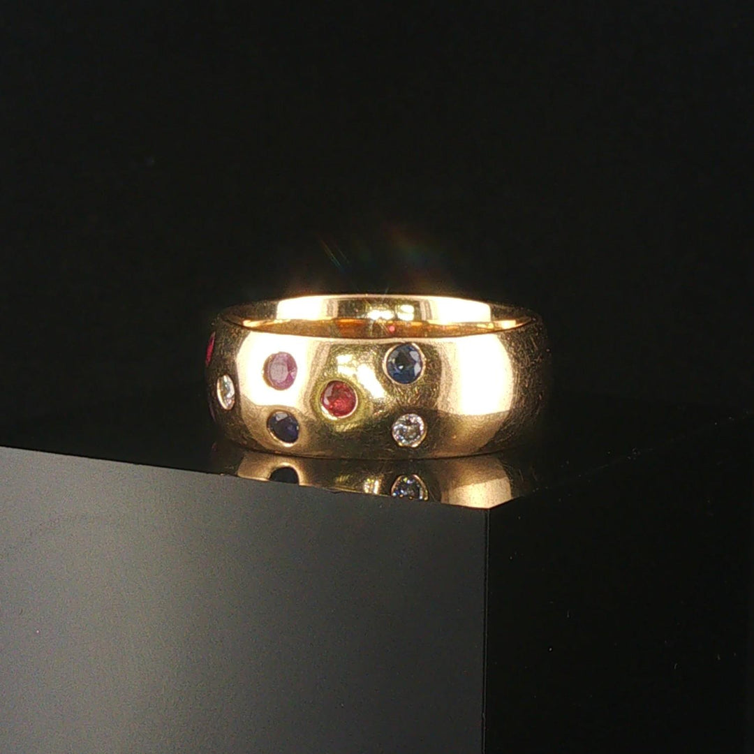 14k Yellow Gold Multi Gemstone and Diamond Solid Band Ring Size 9.5