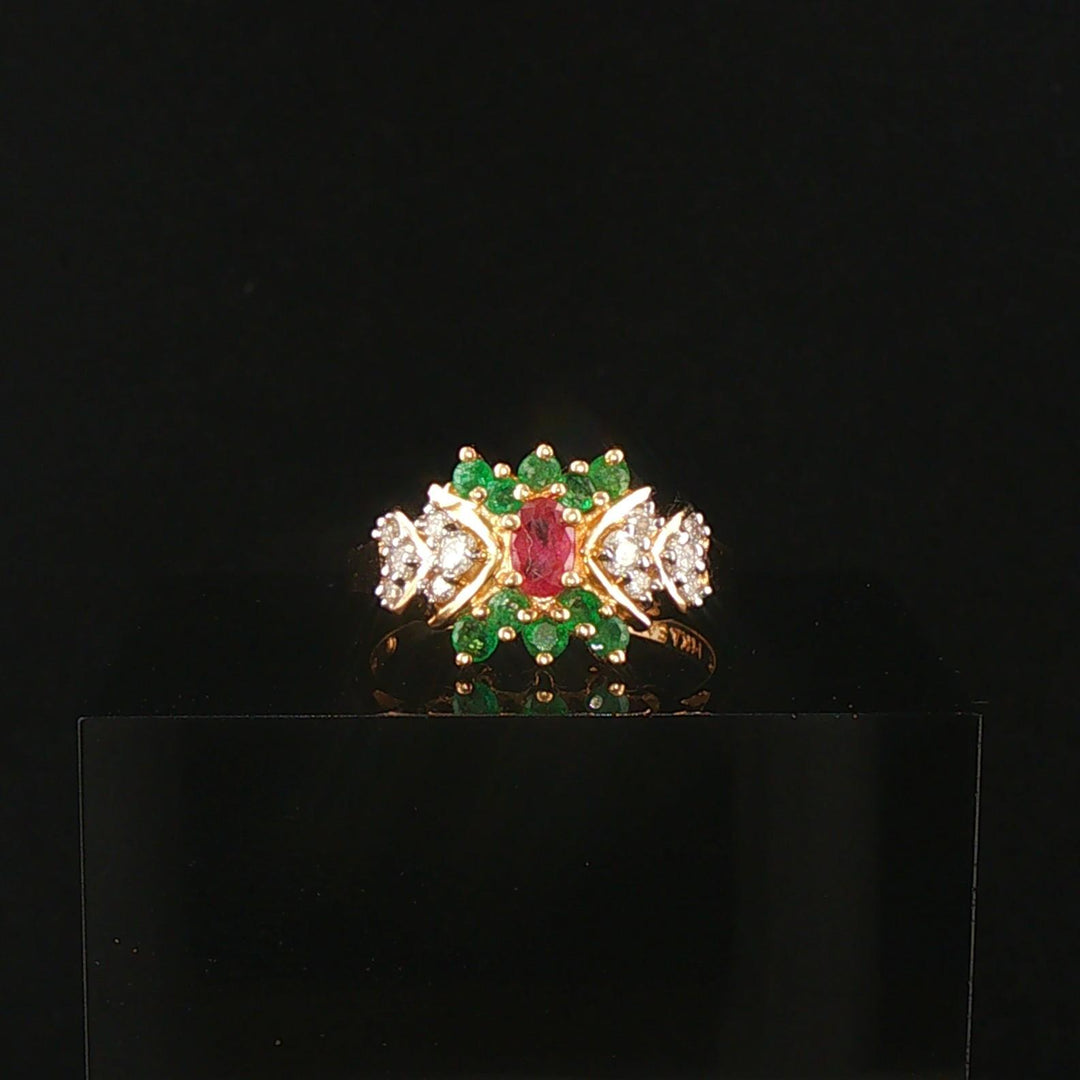 14k Yellow Gold Ruby Emerald and Diamond Ladies Ring Size 7.25