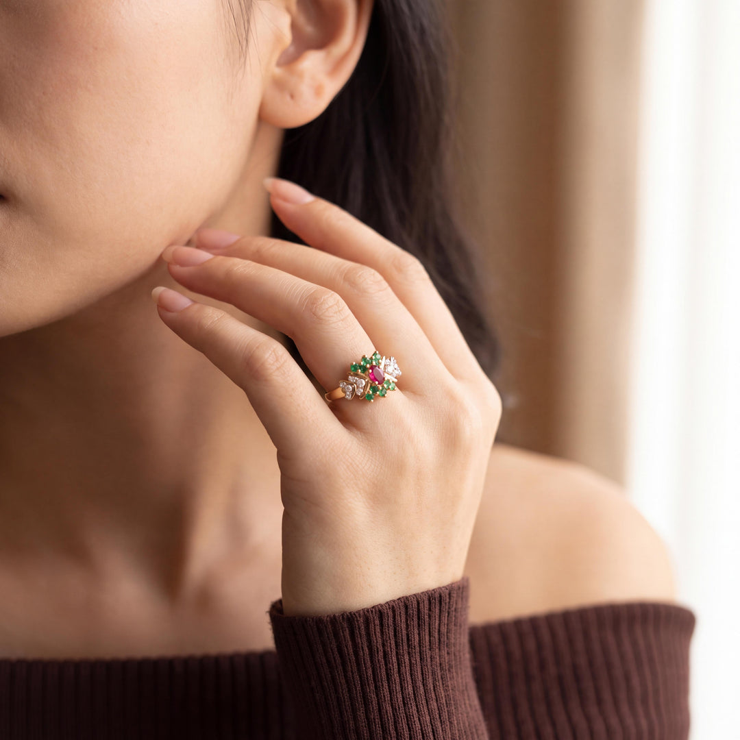 14k Yellow Gold Ruby Emerald and Diamond Ladies Ring Size 7.25