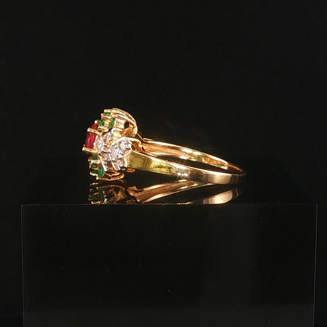 14k Yellow Gold Ruby Emerald and Diamond Ladies Ring Size 7.25