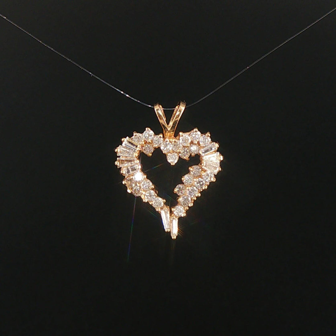 14k Yellow Gold and 0.60cttw Round and Baguette Diamond Heart Pendant