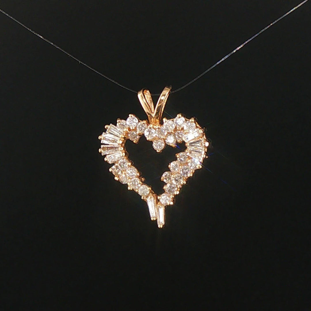 14k Yellow Gold and 0.60cttw Round and Baguette Diamond Heart Pendant