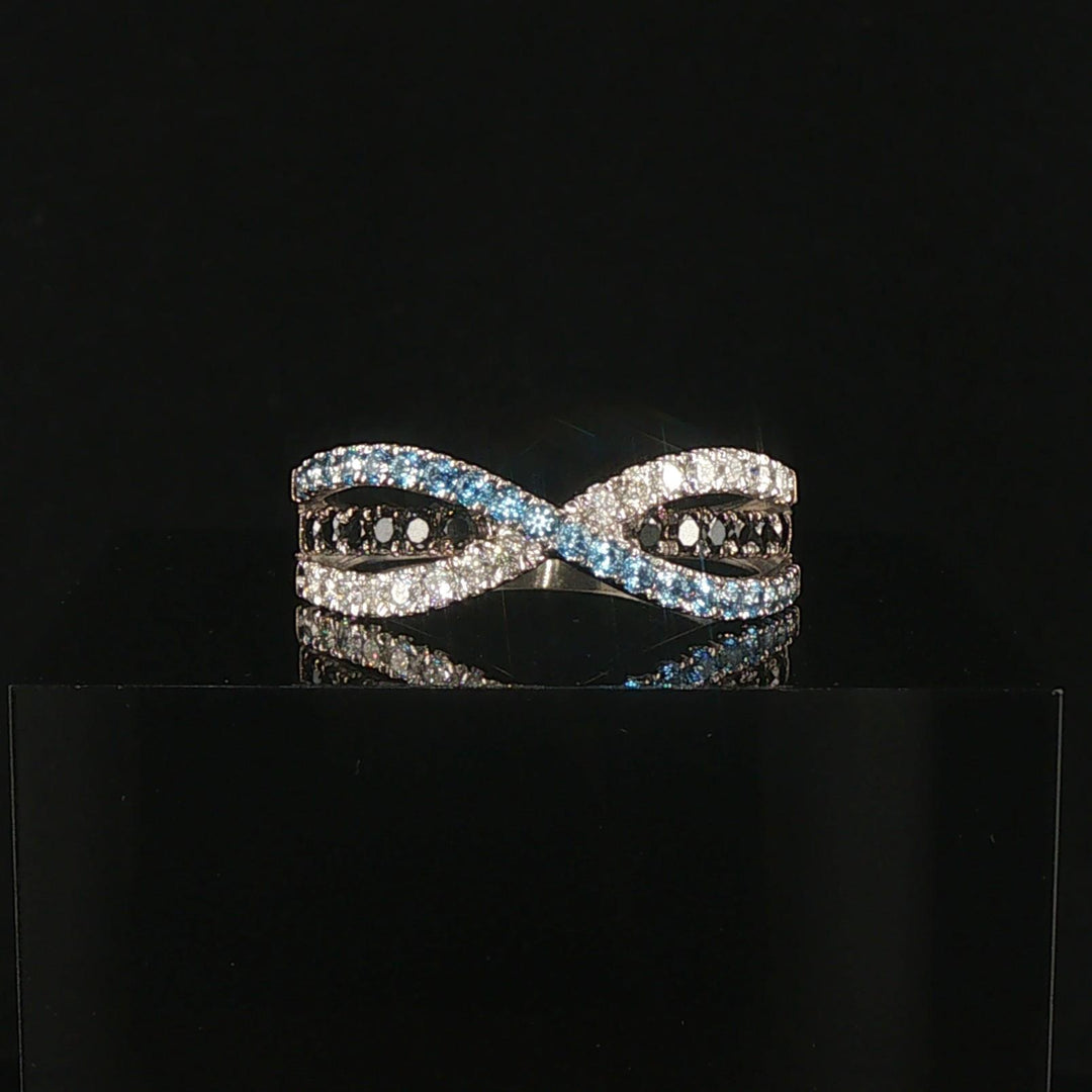 14k White Gold Topaz and White and Black Diamond Crossover Band Ring Size 9.5