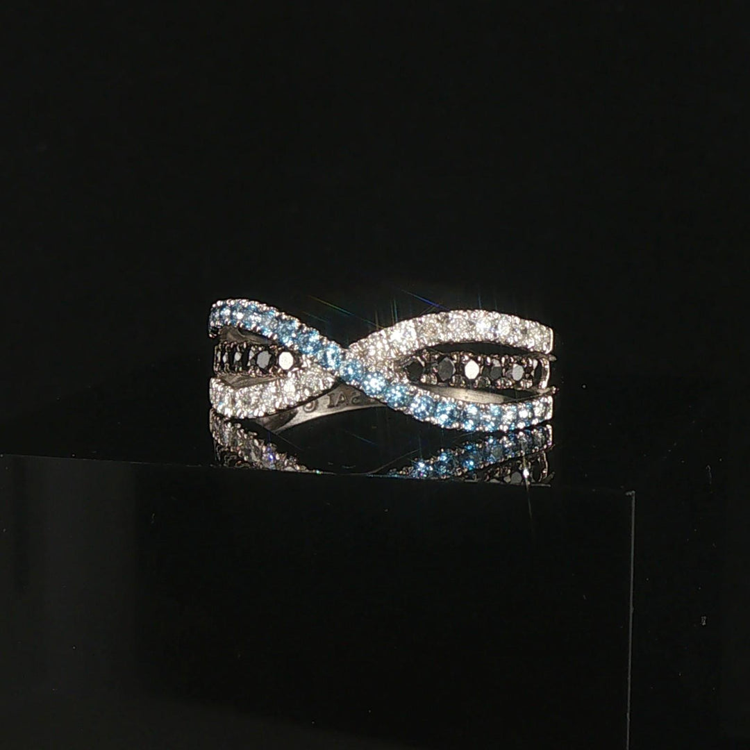 14k White Gold Topaz and White and Black Diamond Crossover Band Ring Size 9.5
