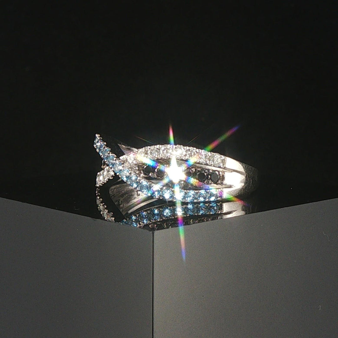 14k White Gold Topaz and White and Black Diamond Crossover Band Ring Size 9.5