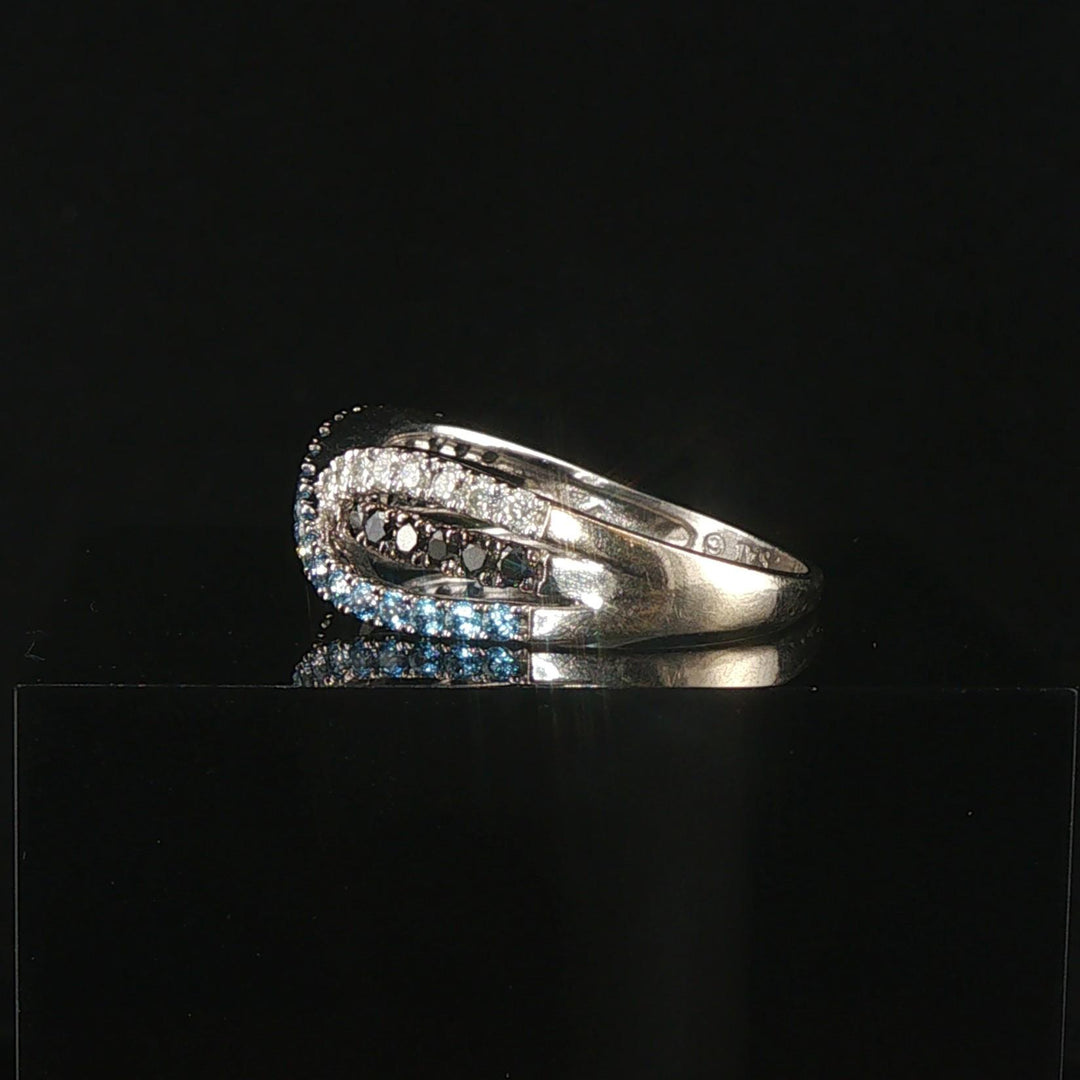14k White Gold Topaz and White and Black Diamond Crossover Band Ring Size 9.5